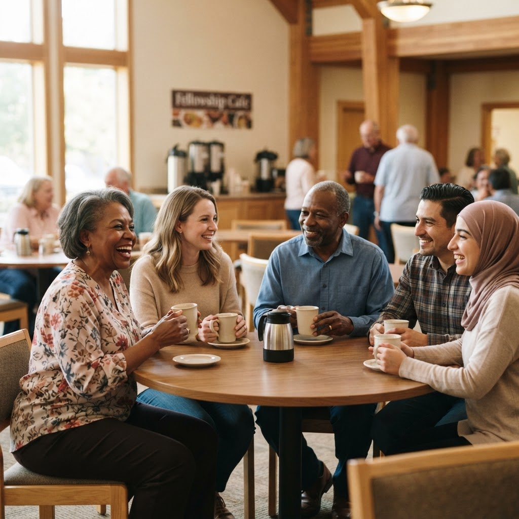 Church members sharing fellowship after service